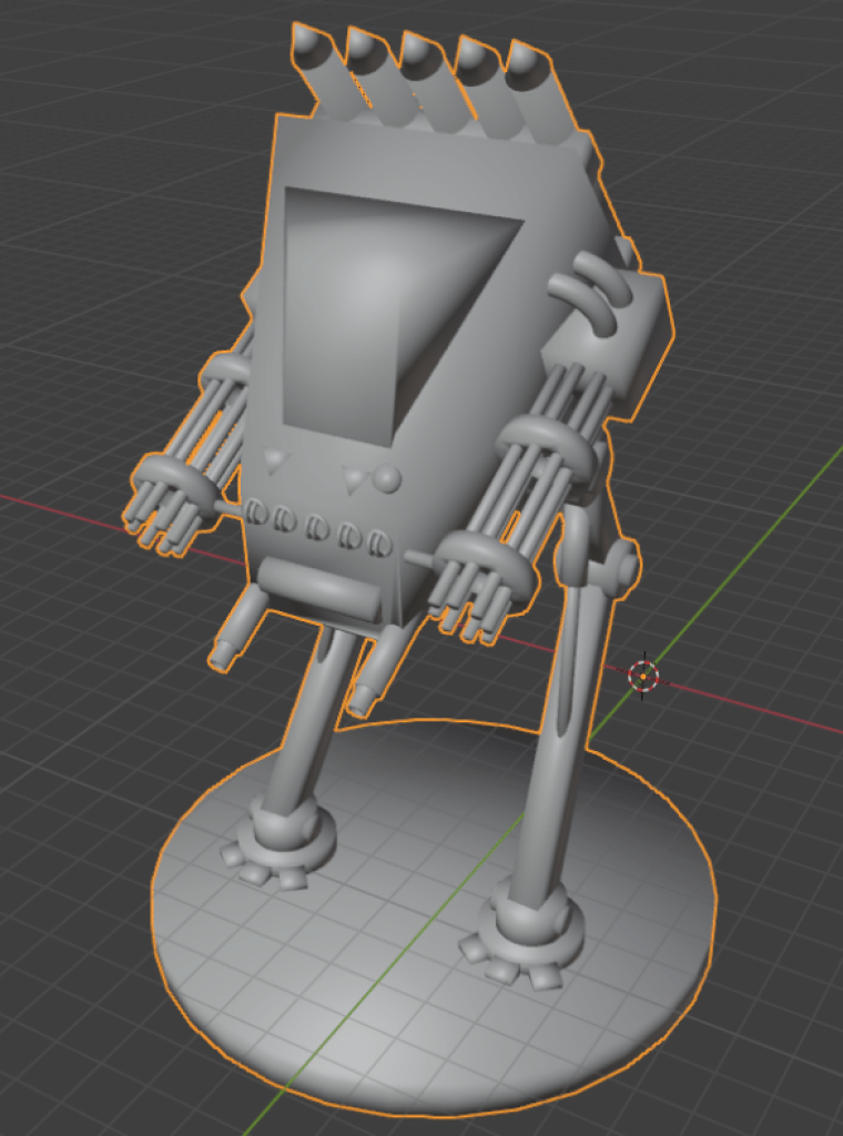 blender4 Na zdjęciu znajduje się projekt 3D mecha inaczej robota. składa się on z walcowej podstawy dwóch stalowych trójpalczastych nóg z siłownikami i przegubami umożliwiającymi ewentualny ruch, sześcienny kokpit na którym zostały umieszczone: 5 reflektorów na przedniej części, 2 duże działa obrotowe po prawej i lewej stronie korpusy, na spodniej części dwa działka mniejszego kalibru, natomiast na tylnej części korpusu 5 rakiet ziemia powietrze i ostatecznie na górnej części korpusu znajduję się szyba dzięki której pilot widzi co robi.