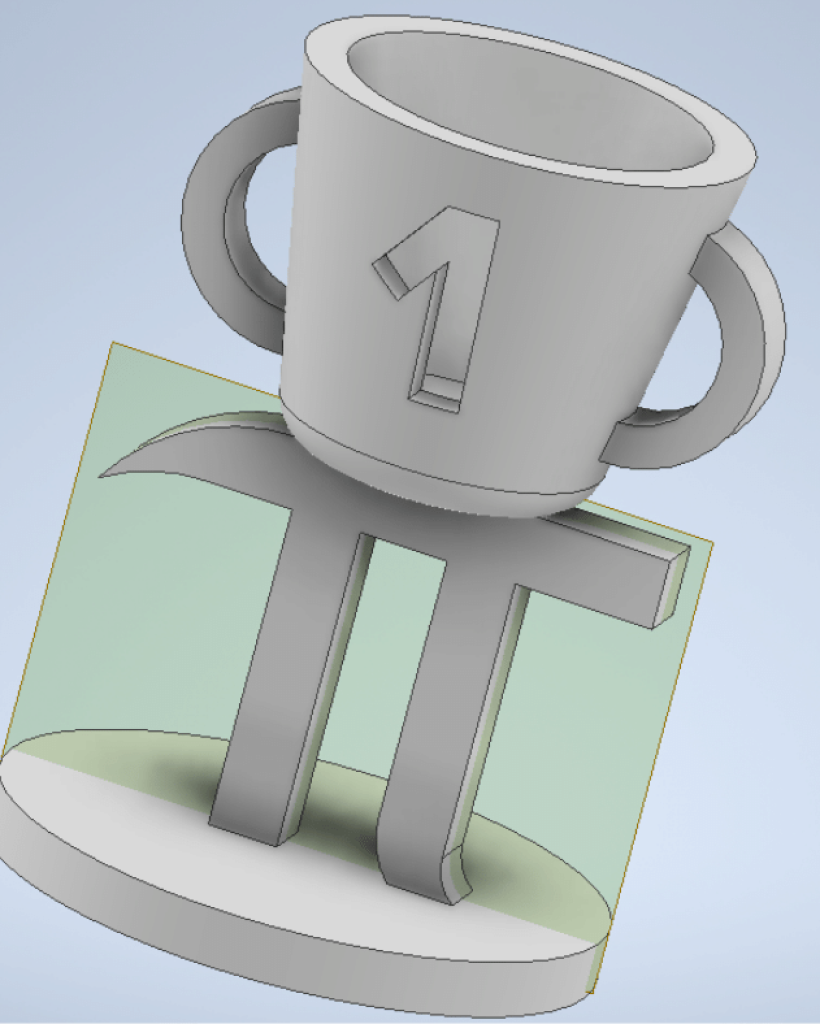 blender5 Na zdjęciu znajduje się projekt 3D pucharu za pierwsze miejsce konkursu o liczbie Pi. Puchar składa się z walcowej podstawy na której umieszczony został symbol liczby Pi, a na nim znajduje się zwieńczenie czyli kielich z dwoma uszami i wyciętą między nimi cyfrą 1.